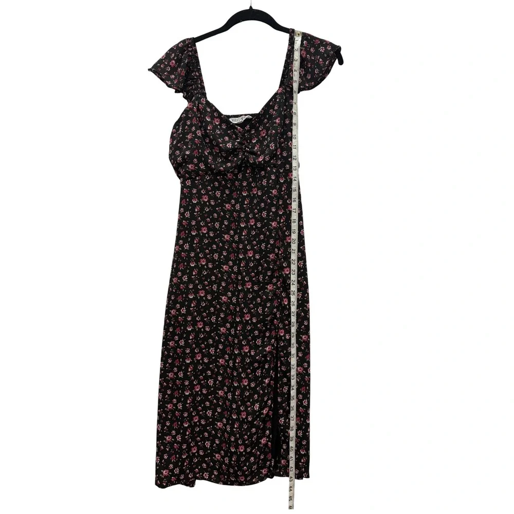 Lola Grace Floral Midi Dress Womens Medium Black Pink Flutter Sleeve Cottagecore